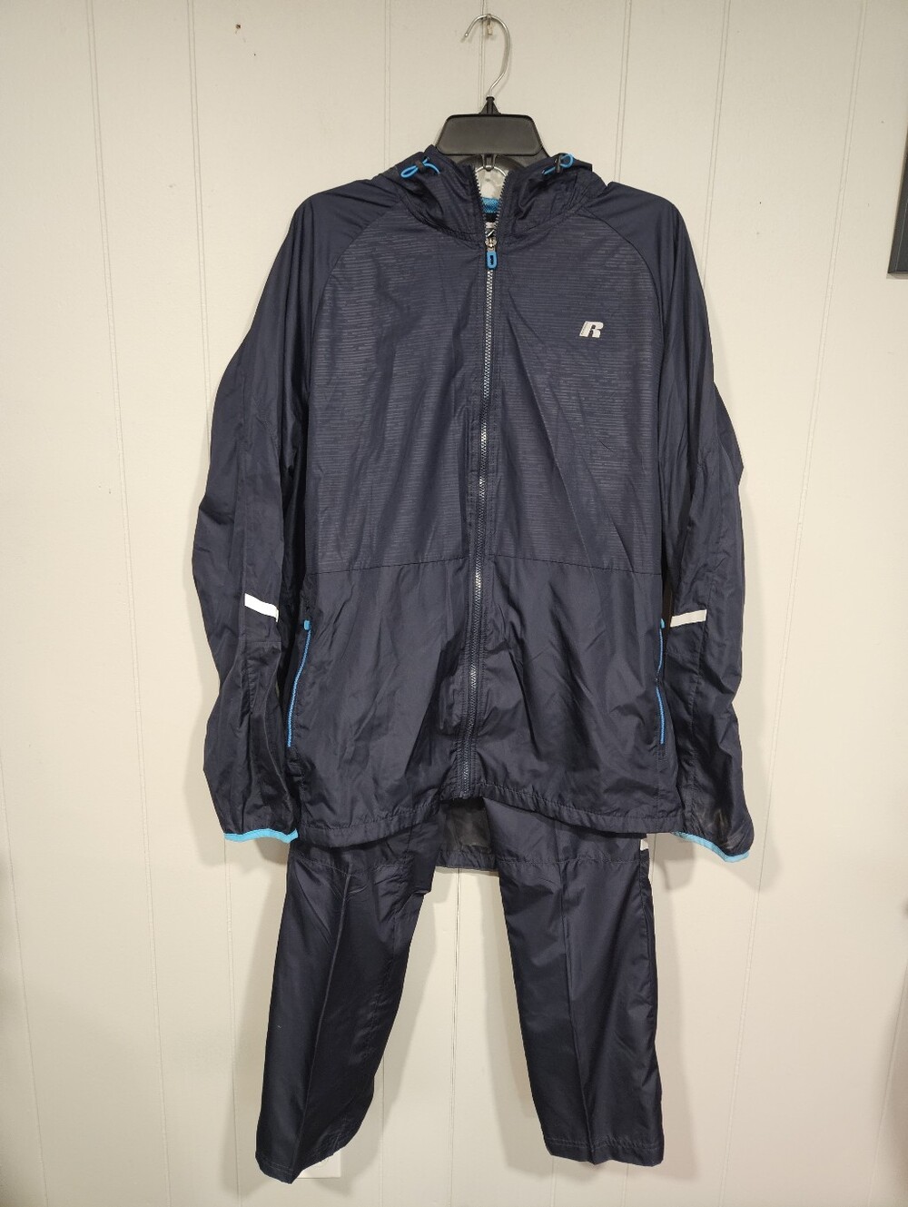 Russell Mens Windbreaker Track Suit Large Jacket & Medium Pants Blue Zip Pockets